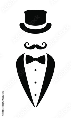 Gentleman graphic icon. Top hat, tuxedo, bow tie and mustaches sign isolated on white background. Vector illustration