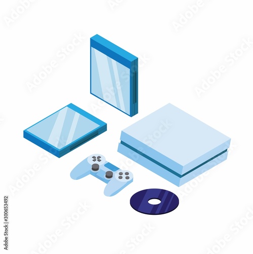 game console set, joystick cd and cd case in isometric illustration editable vector photo