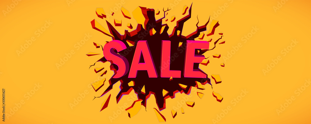 Sale banner. Wall explosion. Black crack in the yellow wall. - obrazy, fototapety, plakaty 