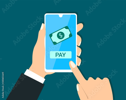 businessman transaction pay from mobile phone. Click to pay from smartphone. payment mobile app