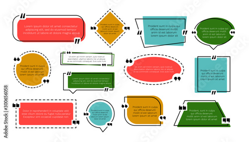 Quote boxes. Colored texting frames speech bubble with text note brackets, empty frame stickers and citation message page templates. Vector set