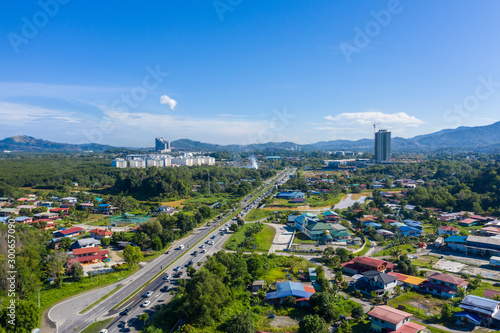 Aerial drone image of beautiful rural town local lifestyle houses residential of Menggatal Town, Sabah, Malaysia photo