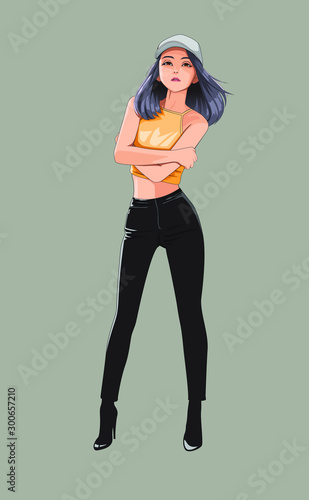 The fashion of anime manga girl posing on a grey background. She is cute and hot in tight black pants