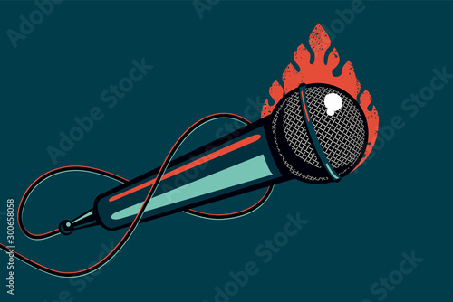 Music poster with microphone and fire. Hip-hop and rock party background with mic. Cartoon vector illustration.