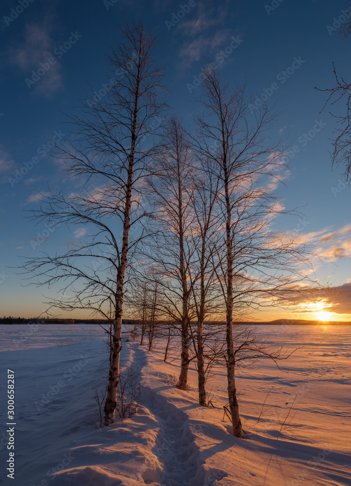 sunrise over a frozen lake in lapland sunrise over a frozen lake in lapland