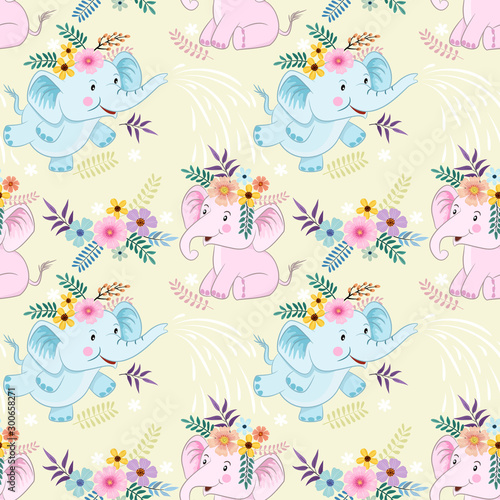 Seamless pattern with cute cartoon elephant and flowers fabric texyile. © teerawat