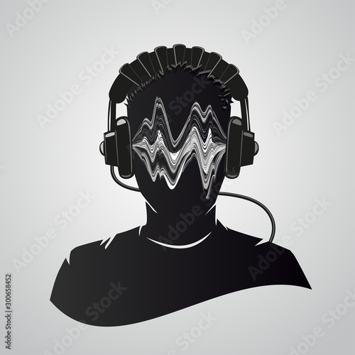 Music dj head with headphones. Human face with audio waves. Man musician portrait isolated on white. Vector illustration.