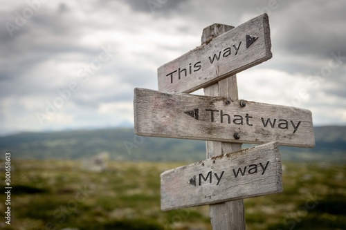 This way, that way, my way signpost. Guidance concept. photo
