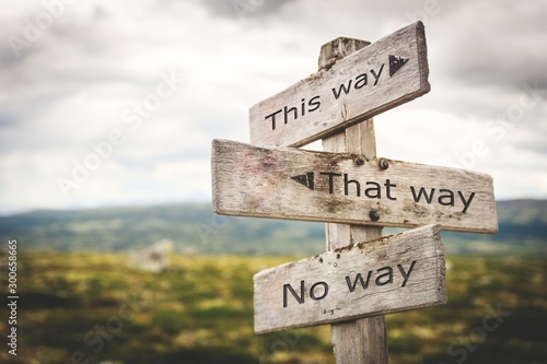 This way, that way, no way sign board. Nature, adventure, message, text, quote concept. photo