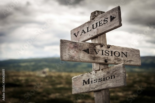 Values, vision, mission vintage wooden signpost in nature. Moody, signpost, board, quote, message, business, corporate concept.