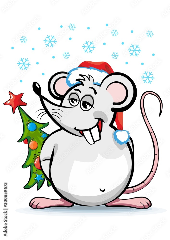 Cheerful fat rat in Santa hat and with Christmas tree - symbol of 2020 New Year. Illustration, vector Cheerful fat rat in Santa hat and with Christmas tree - symbol of 2020 New Year. Illustration, vector