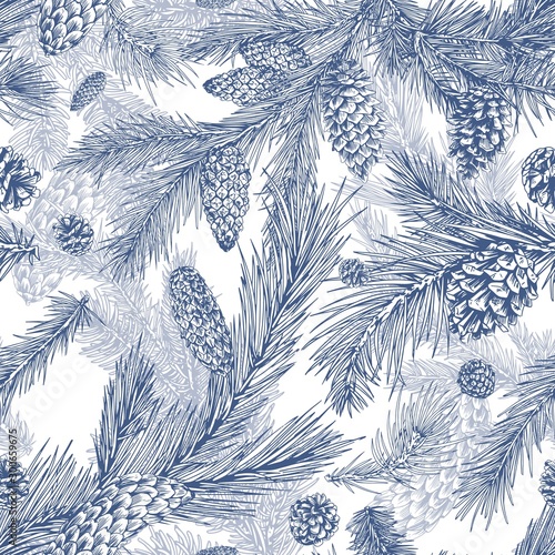 Hand drawn seamless pattern with fir, pine, cedar branches and cones. Detailed realistic background with evergreen conifer plant. Monochrome botanical backdrop with spruce. Vector illustration.
