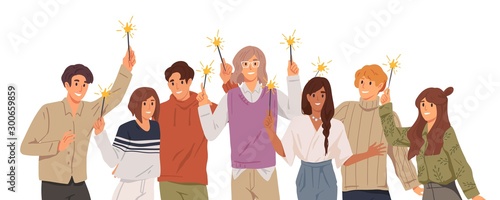 Group of young people holding burning sparklers on white background. Friends celebrate Christmas together. Happy men and women on New Year corporate party. Vector illustration in flat cartoon style.