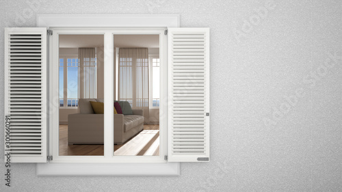 Exterior plaster wall with white window with shutters  showing interior living room  blank background with copy space  architecture design concept idea  mockup template