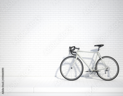 White bicycle in the lower right corner of the frame 3d rendering. 3d illustration ecological urban transport. Vintage bicycle in the room against wall. Copy space. white background.
