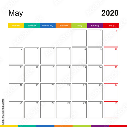 May 2020 colorful wall calendar, week starts on Monday. photo