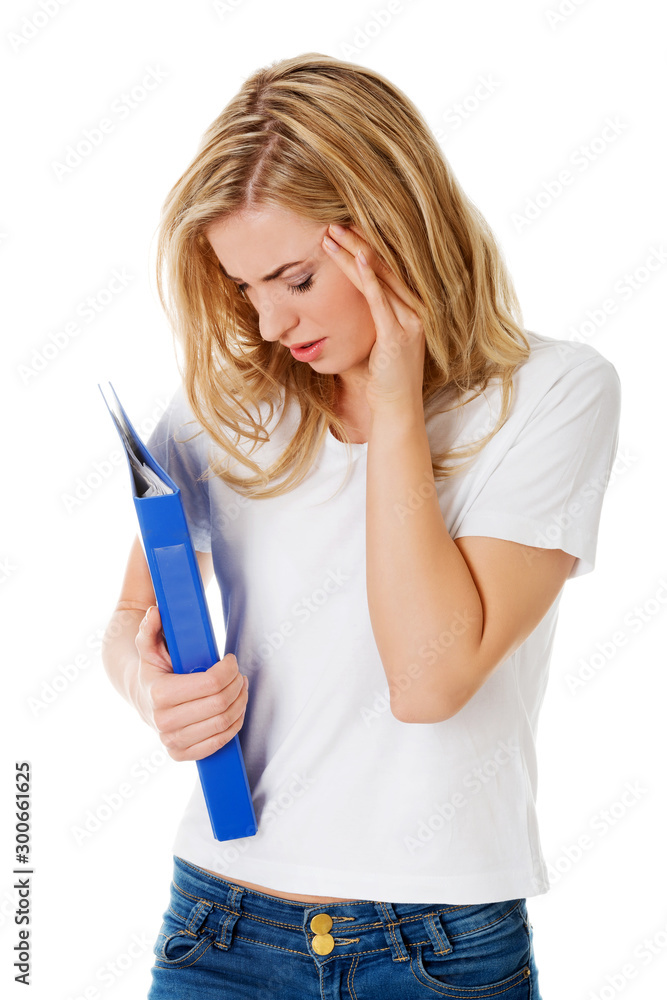 Student woman with headache standing on white background. Stressed exam. Student woman with headache standing on white background. Stressed exam.