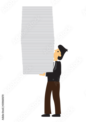 Stress businessman carry a lot of documents. Concept of overwork, office culture or corporate sabotage.