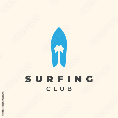 Surfing board with palm tree illustration for surfing club logo template design.