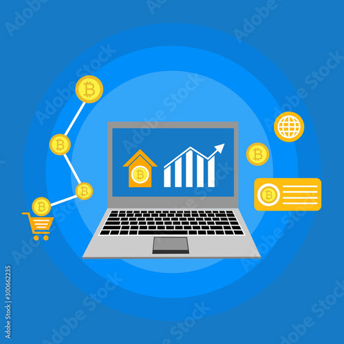 Blockchain scheme, mining crypto currency, server room, powered computers, data processing, money transaction in internet vector technology