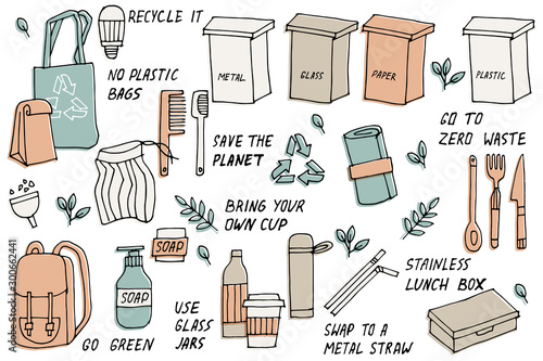 Vector illustration zero waste, recycle, eco friendly tools, collection of ecology stickers with slogans. Bundle of vector stickers, pins.