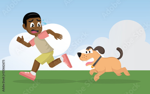 Cartoon character, African Boy running away from angry dog.
