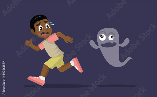 Cartoon character, African Boy running away from ghost.