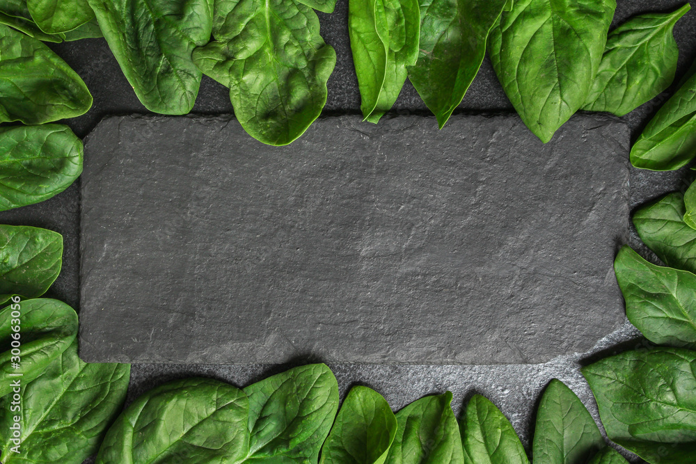 spinach (green grass, vitamins salad) menu concept. food background. copy space. Top view - obrazy, fototapety, plakaty 