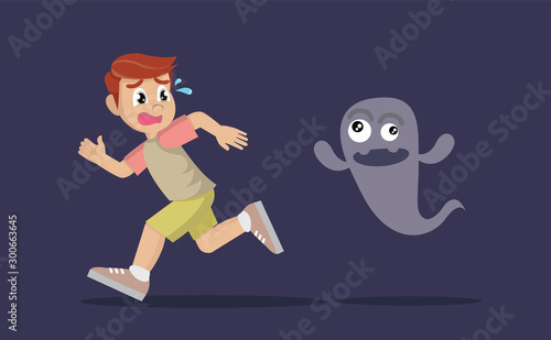Cartoon character, Boy running away from ghost.