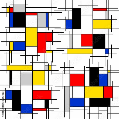 Abstract painting, geometric, squares, black, blue, yellow, red photo