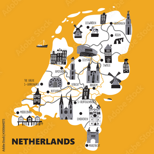 Vector cartoon map of Netherlands with main attractions and landmarks.