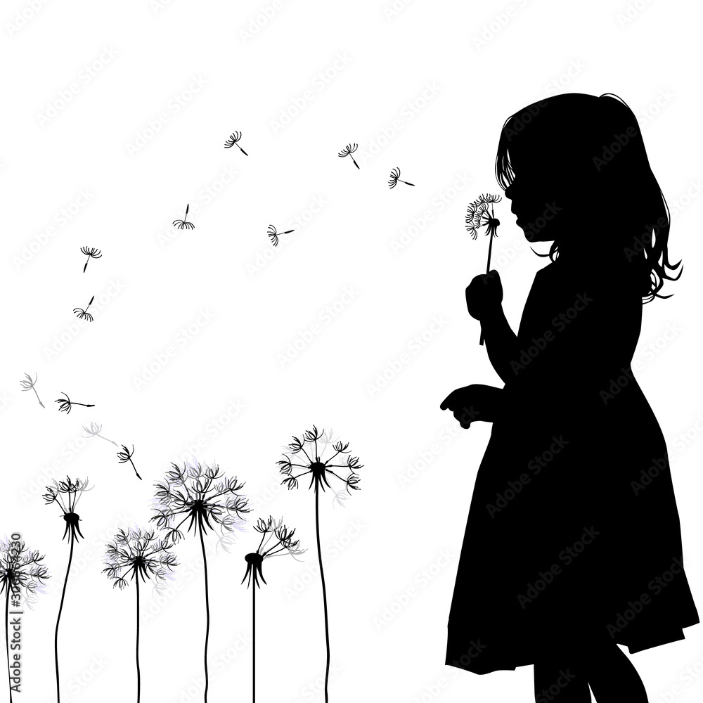 The profile of the silhouette of the girl blows dandelion. Vector illustration - obrazy, fototapety, plakaty 