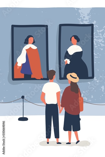 Young couple contemplate classical paintings in museum. Exhibition visitors enjoy exposition. Man and woman viewing showpieces in art gallery. Vector illustration in flat cartoon style.