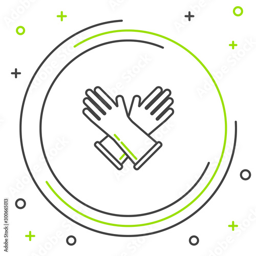 Black and green line Rubber gloves icon isolated on white background. Latex hand protection sign. Housework cleaning equipment symbol. Colorful outline concept. Vector Illustration