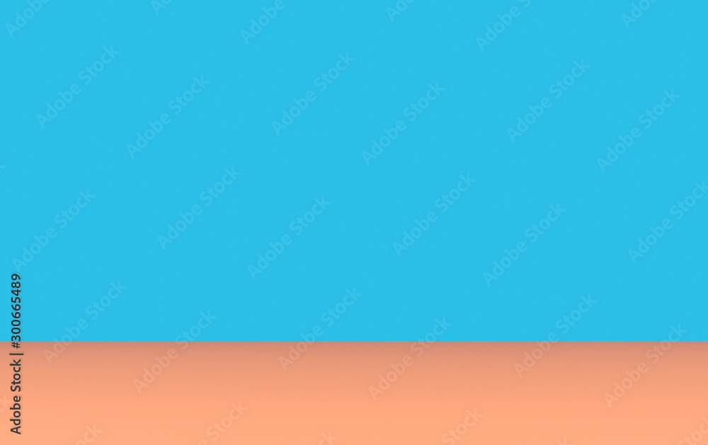 3d rendering. empty Contrasting blue wall and orange color floor design wall background.