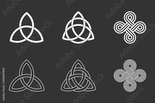 Celtic knots set on black background. Triquetra, trinity knot with circle, endless loop. Ancient ornaments symbolizing eternity. Trefoil interconnected lines. Infinite knots. Vector illustration.