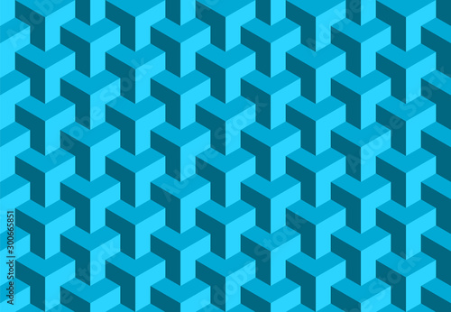 Blue geometric seamless cube pattern. Isometric shapes abstract background. 3D wallpaper, backdrop. Web and mobile interface template. Trendy stylish texture. Seamless cubic art. Vector illustration. 