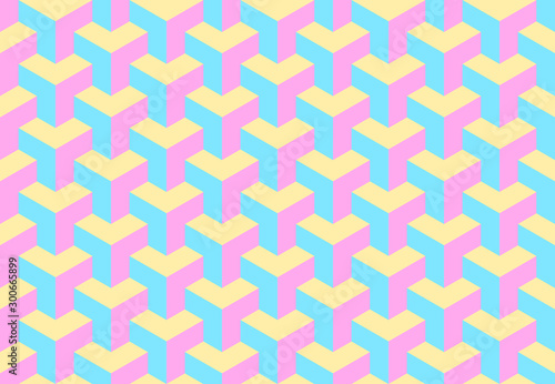 Pastel geometric seamless cube pattern. Isometric shapes abstract background....