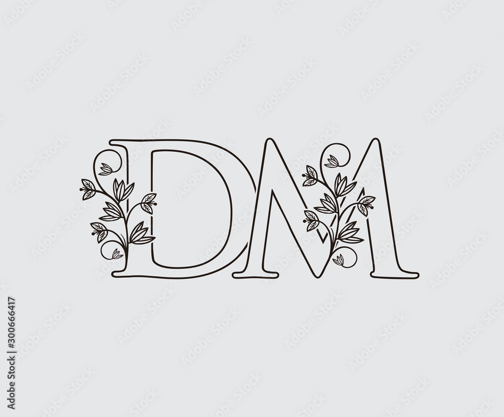 Fototapeta Letter D, M and DM Vintage Floral Logo Icon, overlapping monogram logo, Simple Swirl Black color Logo on white background. Classy Letter Logo Icon.