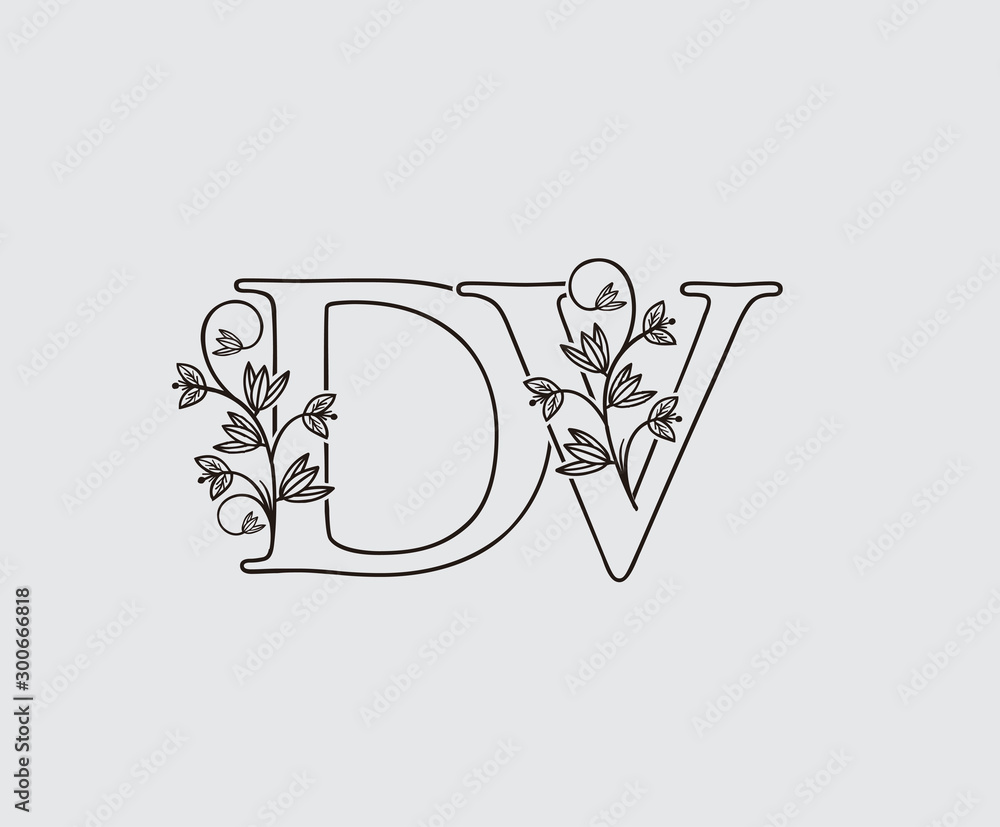Fototapeta Letter D, V and DV Vintage Floral Logo Icon, overlapping monogram logo, Simple Swirl Black color Logo on white background. Classy Letter Logo Icon.
