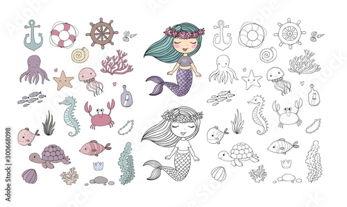 Marine illustrations set. Little cute cartoon mermaid