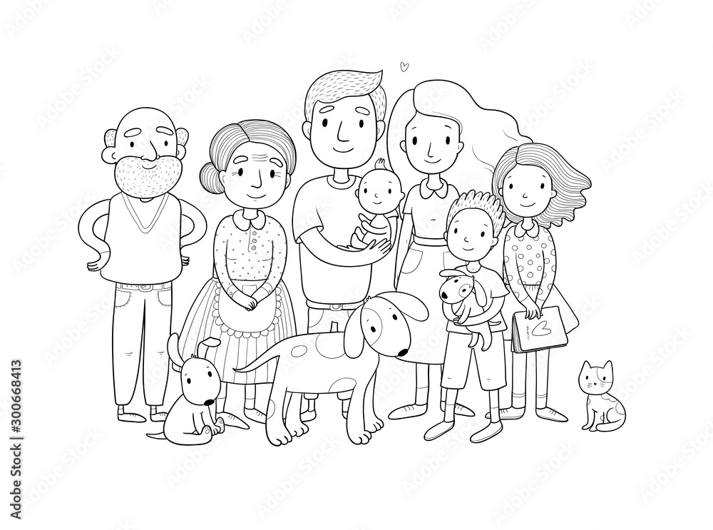 A happy family. Parents with children. Cute cartoon dad, mom, daughter, son and baby. grandmother and grandfather. Funny pet cat and dog