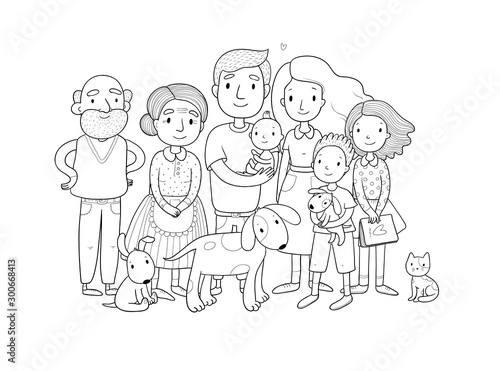A happy family. Parents with children. Cute cartoon dad, mom, daughter, son and baby. grandmother and grandfather. Funny pet cat and dog