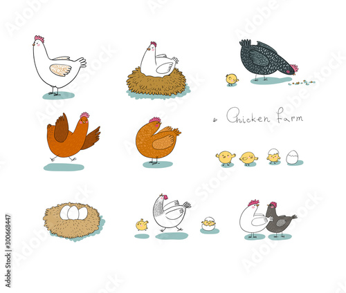 Set with cartoon cute chicken, nest and eggs. Farm animals