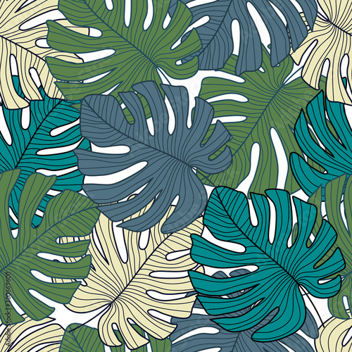 Tropical pattern, botanical leaf seamless pattern. Green monstera leaves backdrop.