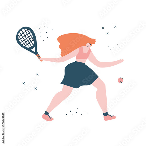 Female tennis player flat hand drawn illustration. Red haired woman doing forehand hit cartoon character. Athlete in sportswear doodle drawing. Sport training concept. T shirt print design