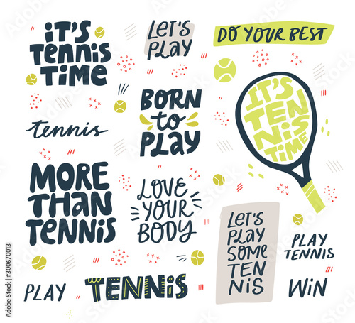 Play tennis hand drawn vector letterings set