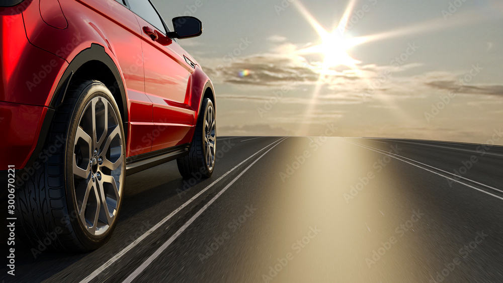 3d car sedan rides on the road to meet the sun, 3D rendering. Wheel close-up.