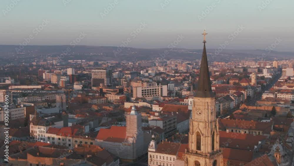 Aerial drone shot of the beautiful city of Cluj-Napoca in Romania while sunset Aerial drone shot of the beautiful city of Cluj-Napoca in Romania while sunset