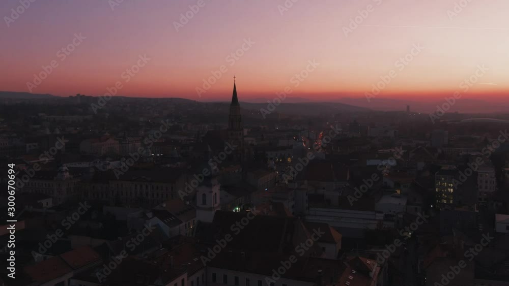 Aerial of Cluj-Napoca at night right after sunset in Romania Aerial of Cluj-Napoca at night right after sunset in Romania